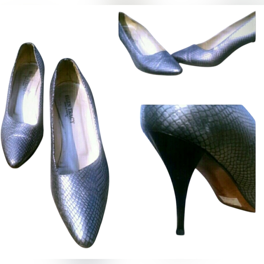ELLEN TRACY METALLAC SILVER/ GREY VINTAGE ANIMAL PRINT LEATHER HEELS